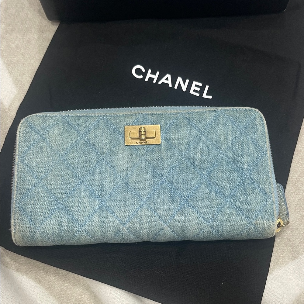 CHANEL Light Blue Denim Quilted Wallet